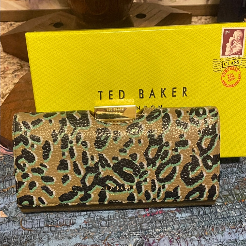 Ted Baker Leopard Print Leather Wallet in Brown and Green